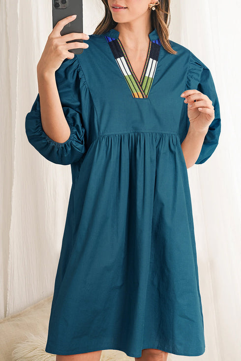 Embellished V-Neck Puff Sleeve Cotton Poplin Babydoll Mini Dress